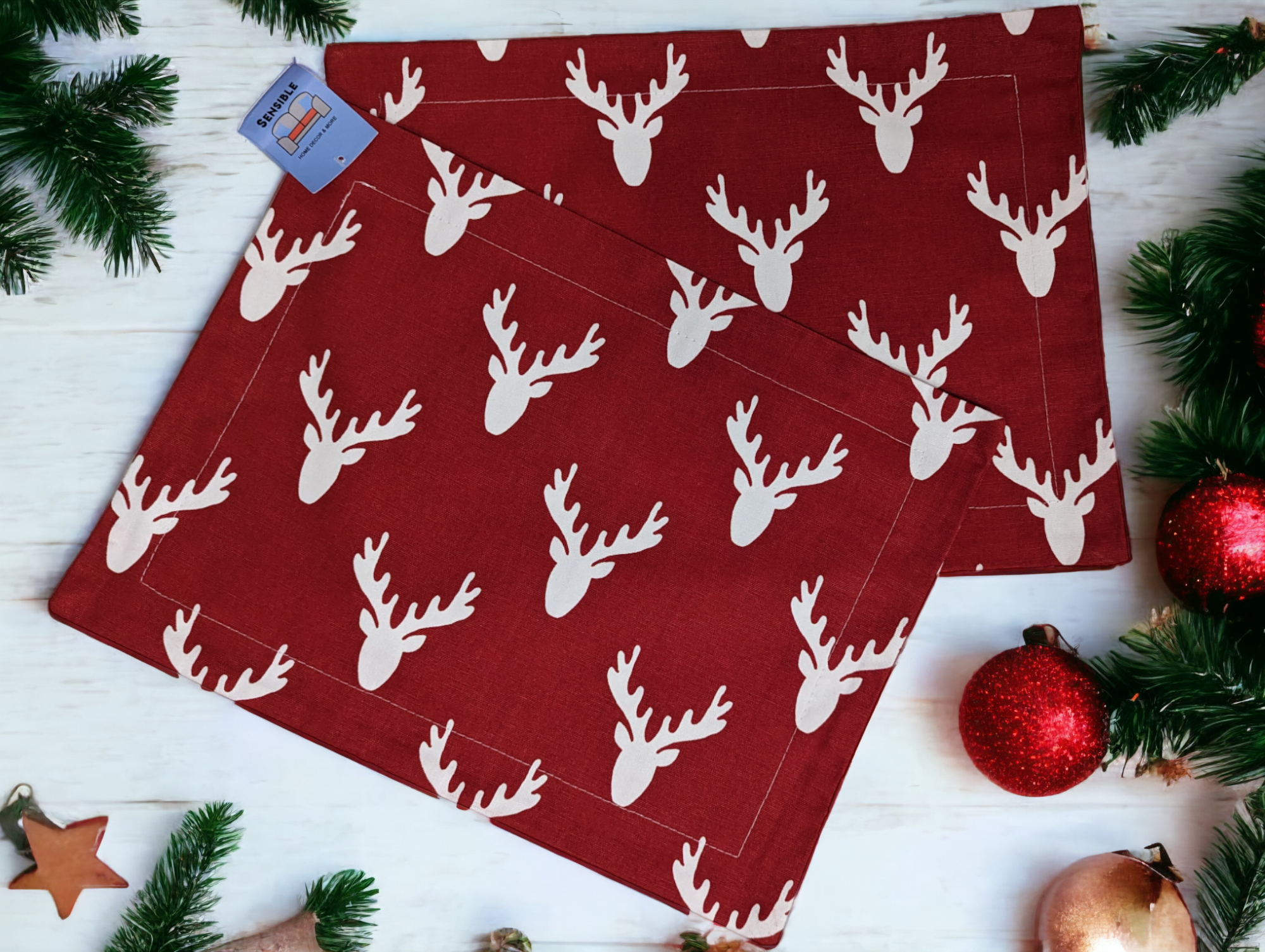 Red White Deer Christmas or Winter Set of 2 Washable Placemats