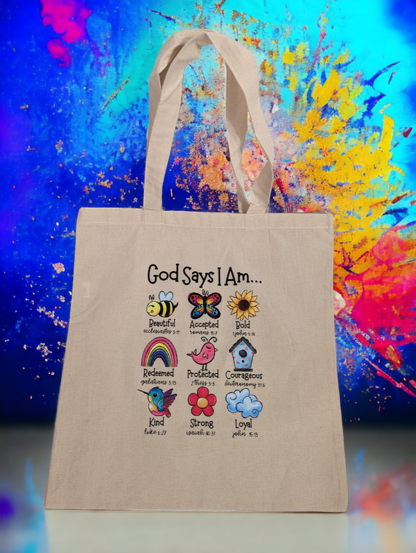 Large Graphic Tote Bag - God Says I Am Beautiful, Accepted, Bold, Redeemed, Protected, Courageous, Kind, Strong, Loyal