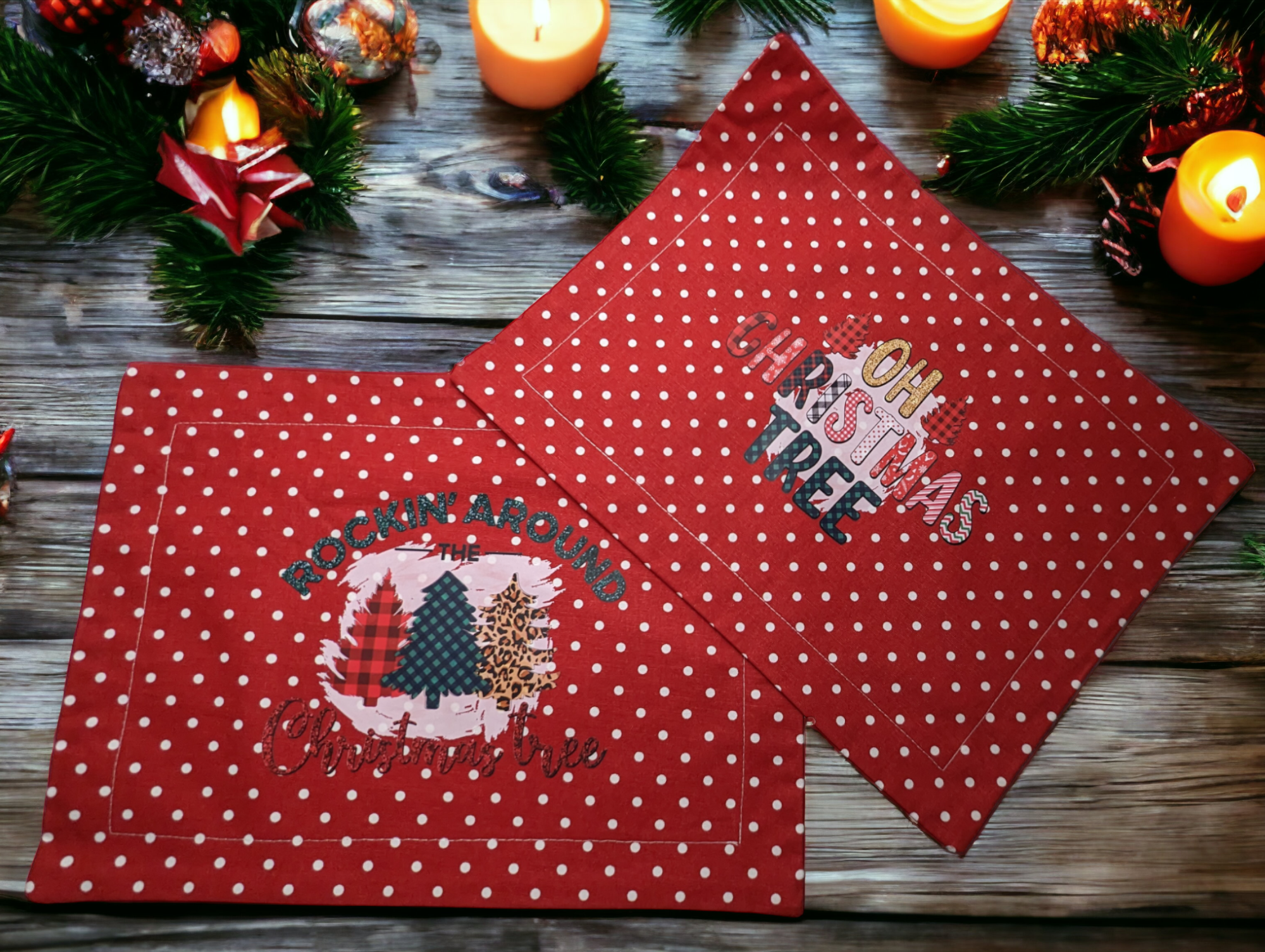 Red White Polka Dot Graphic Oh Christmas Tree, Rocking Around or Winter Set of 2 Washable Placemats