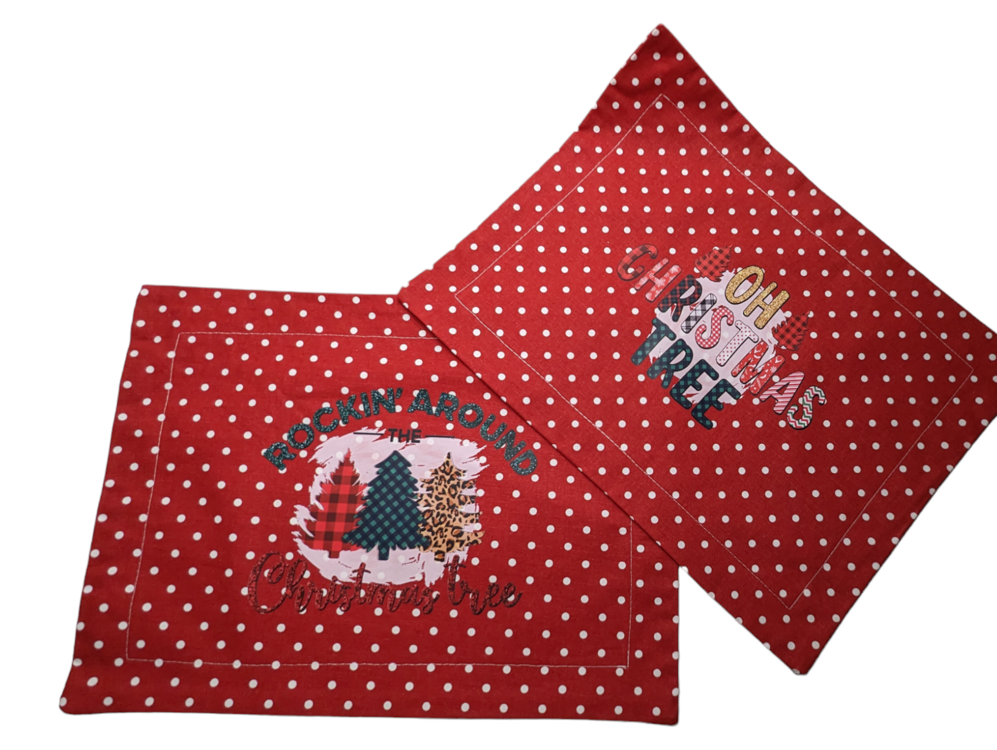 Red White Polka Dot Graphic Oh Christmas Tree, Rocking Around or Winter Set of 2 Washable Placemats