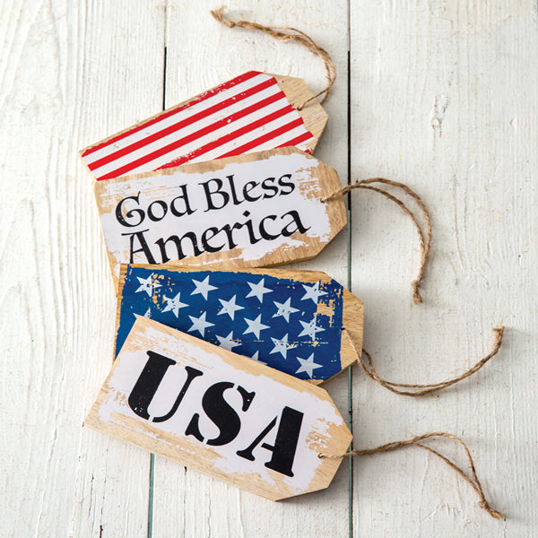 Set of Four Patriotic Wooden Tags - Box of 4